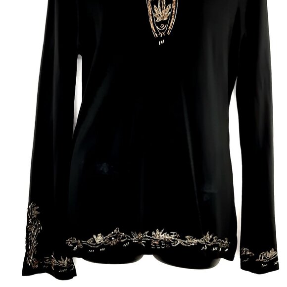 Large Unique Black Elegant Long Sleeve Beaded D V Neck Formal evening Sweater - Picture 9 of 10